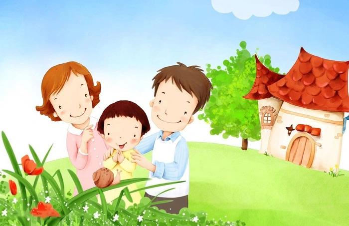 ảnh chibi gia đình 3 người cùng khung hoa