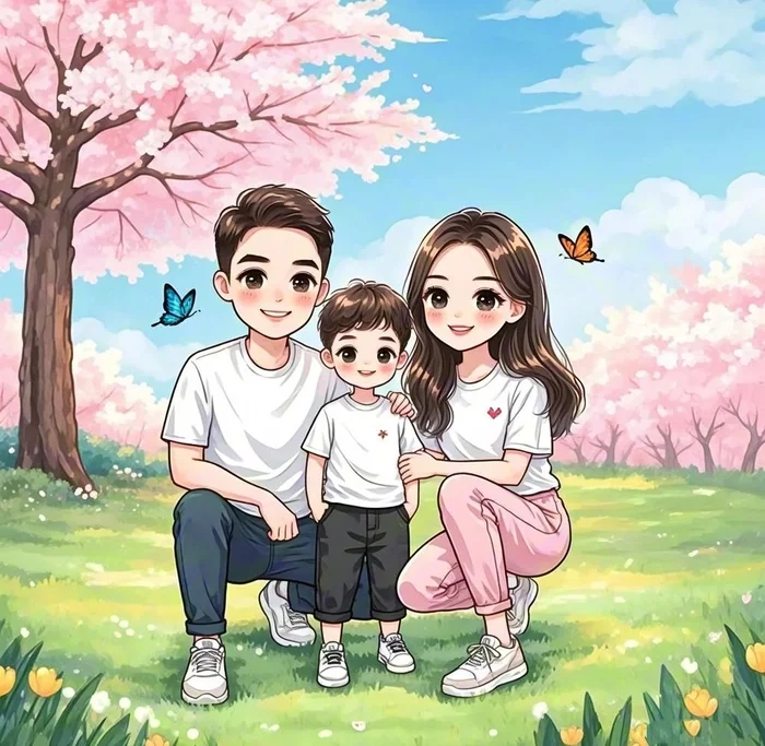 chibi family of three adorable illustration
