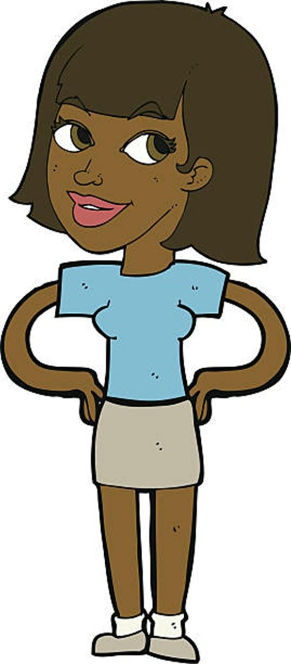 cartoon happy woman with hands on hips