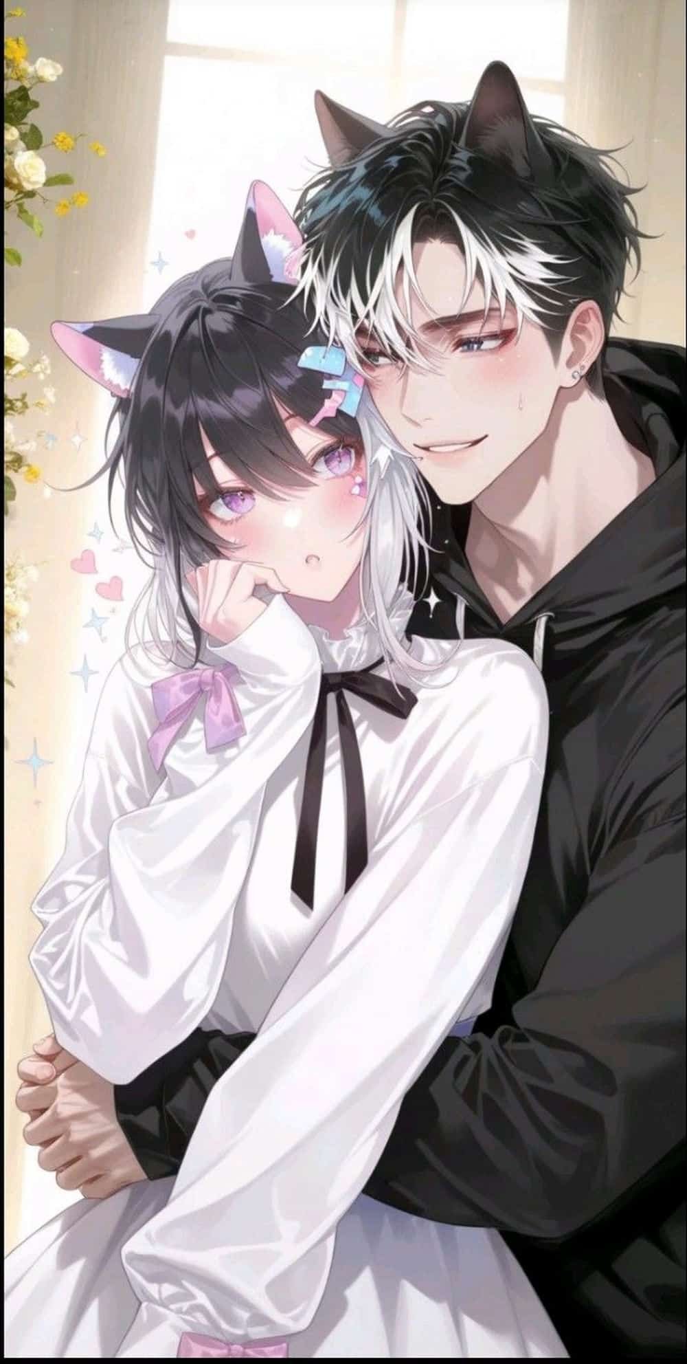 Cặp đôi anime nắm tay hoàng hôn