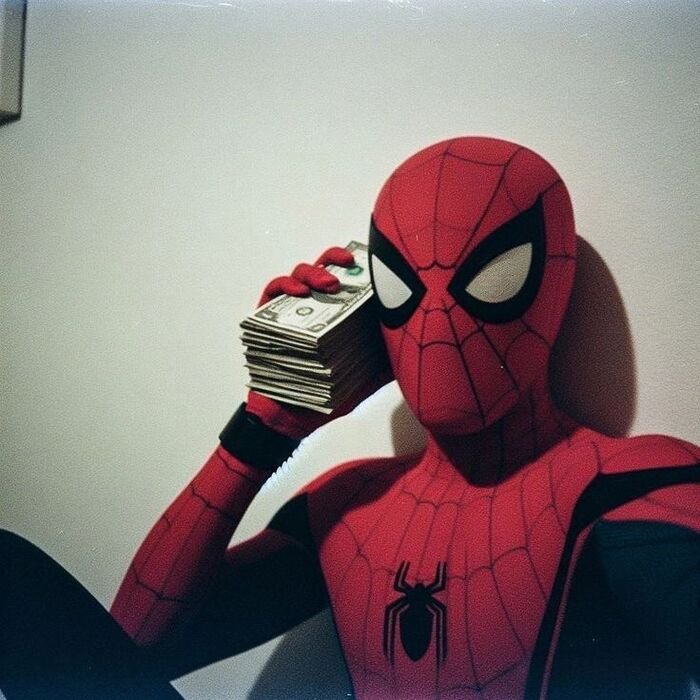 meme spiderman cầm tiền
